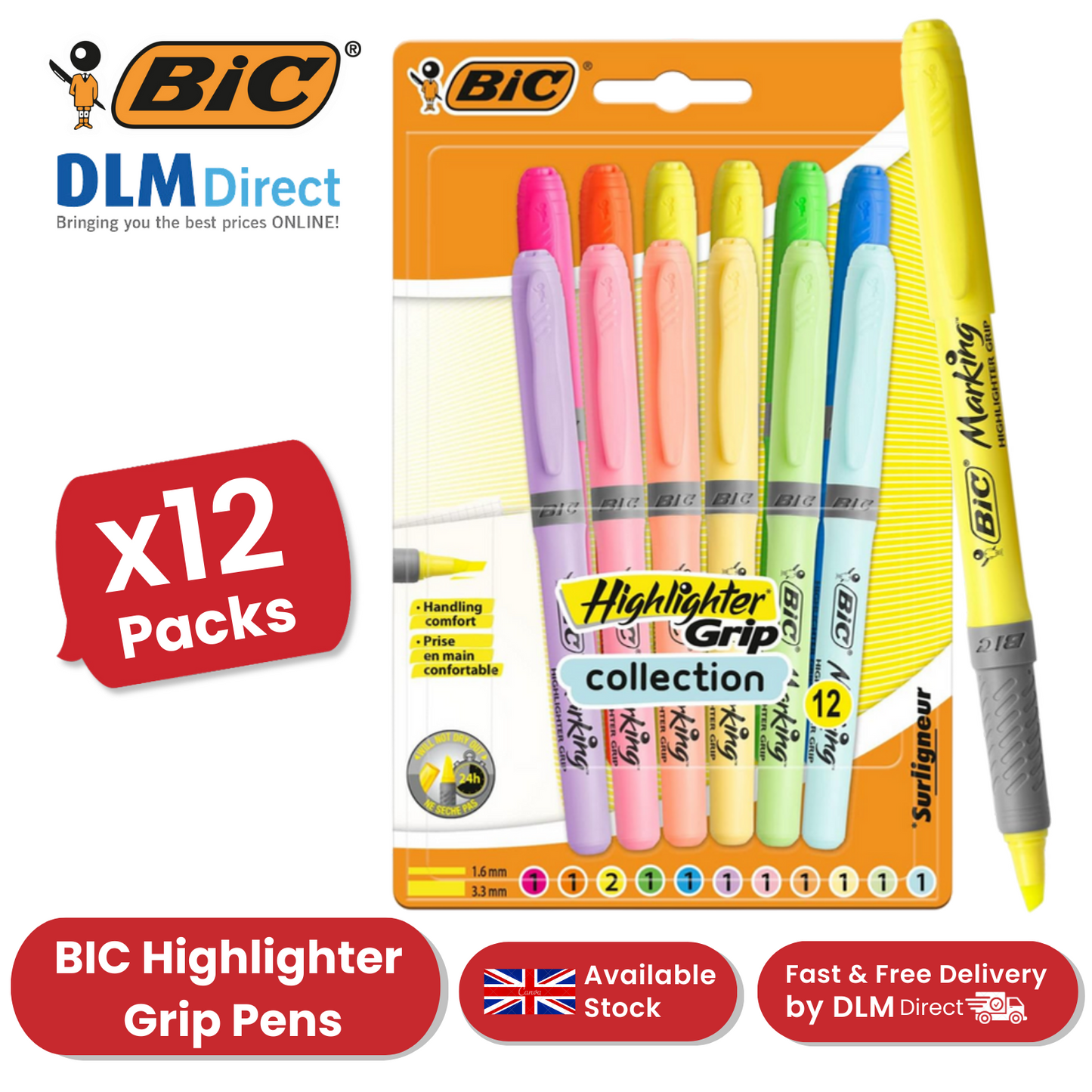 BIC Marking Highlighter Grip Collection Multi Colours Office & School Pack of 12