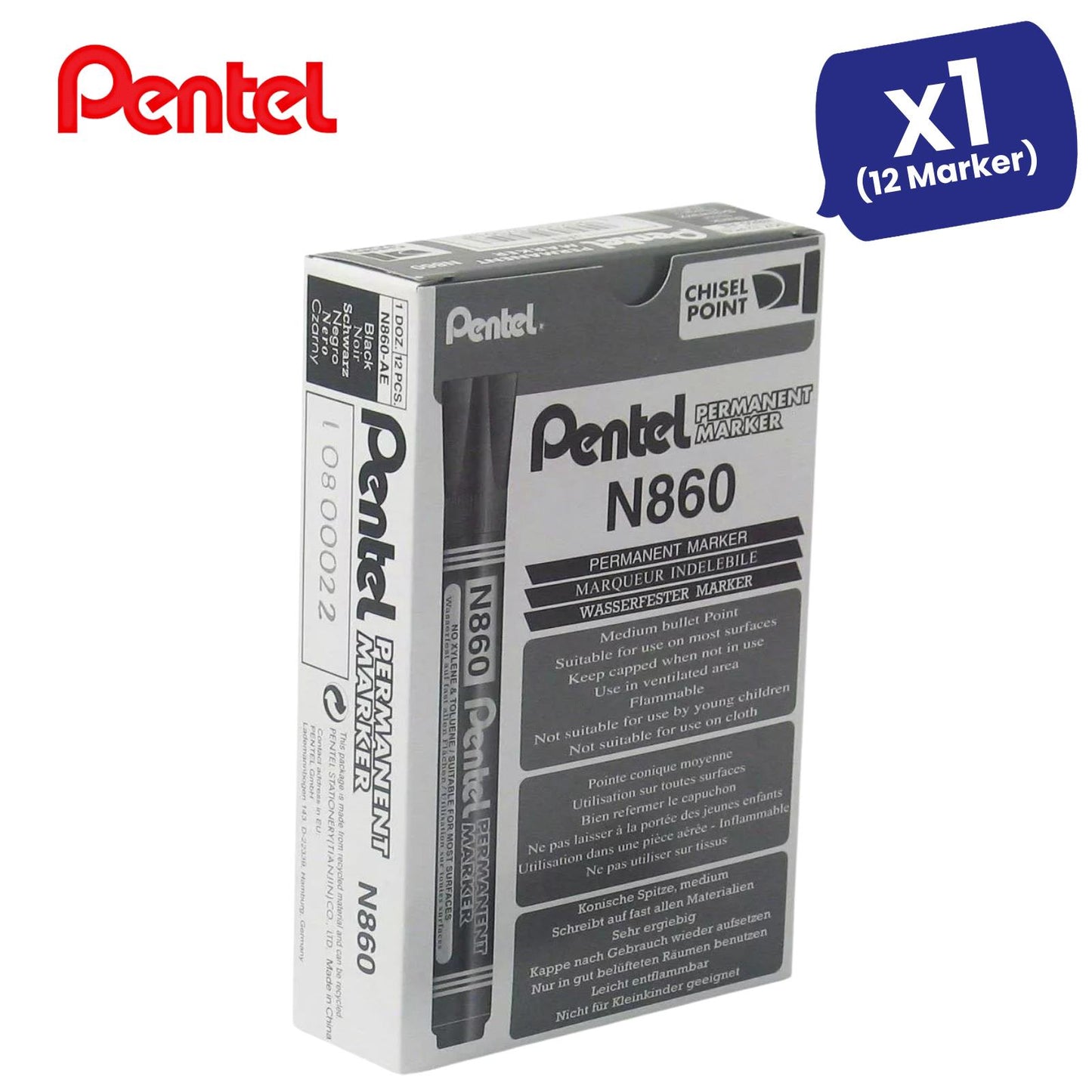 Pentel N860 PERMANENT CHISEL MARKER BLACK - Pack of 12