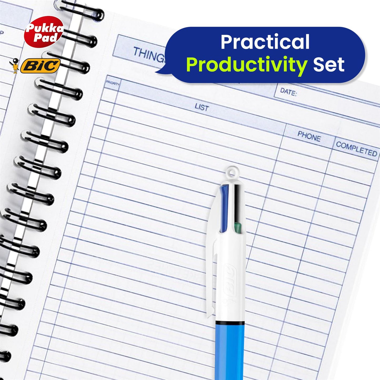 BIC 4 Colour Pen Medium Point 6 Pens - 2x Pukka Pad Daily Things To Do Today Planner Notepads