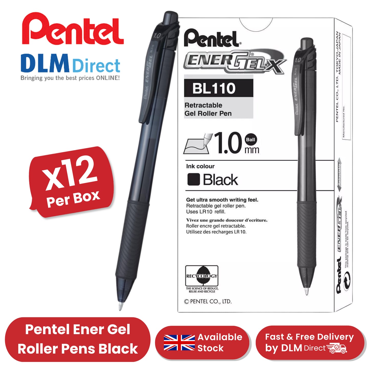 PENTEL ENERGEL RET GEL ROLLER 1.0MM BLK - Pack of 12