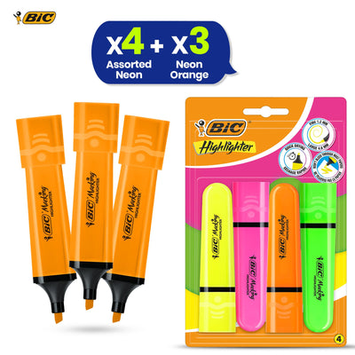 BIC Highlighter Flat Marker Neon Orange Pack of 3 & 4x Assorted Chisel Tip Quick Dry