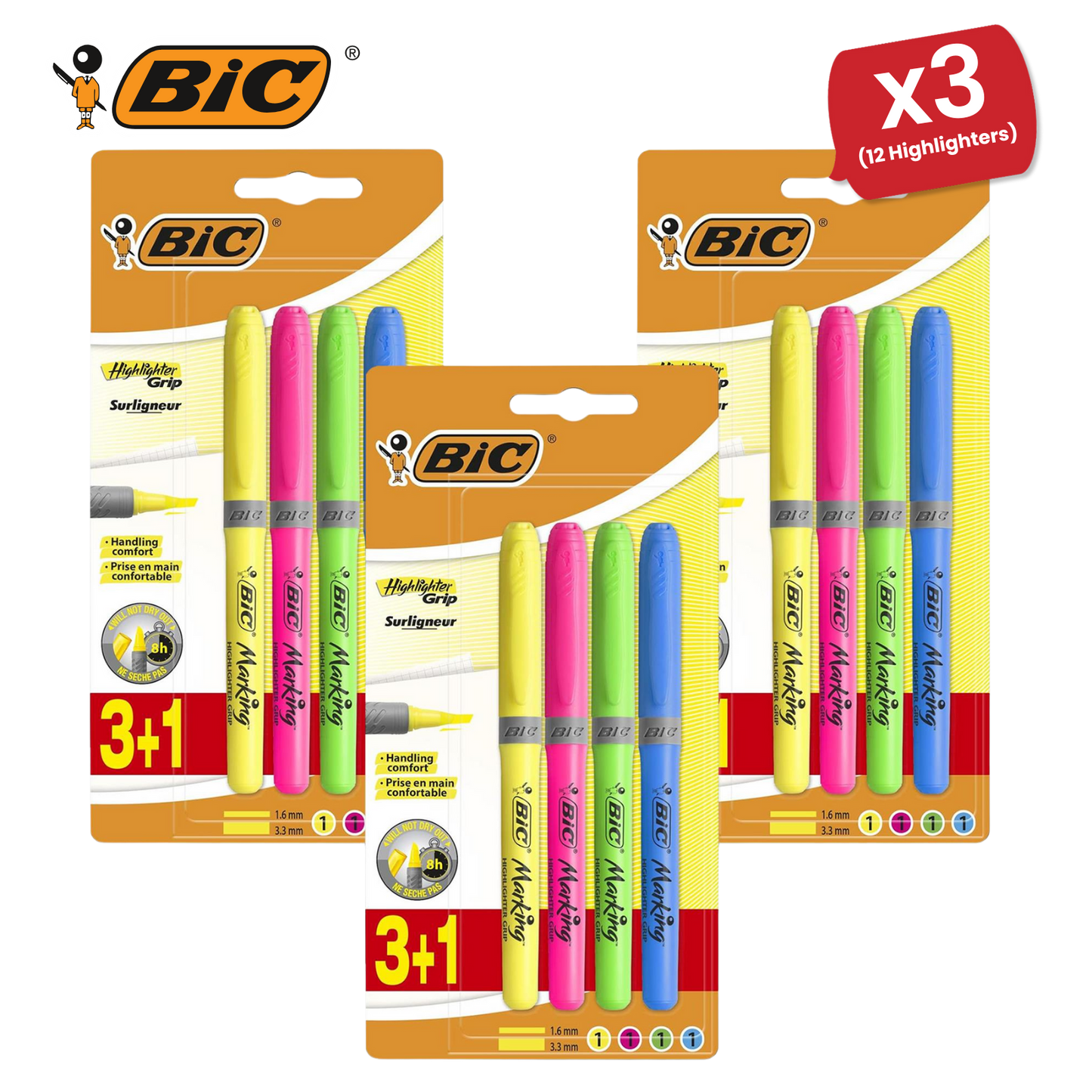 BIC Briteliner Grip Highlighters - Yellow/Blue/Green/Pink (Pack of 4)