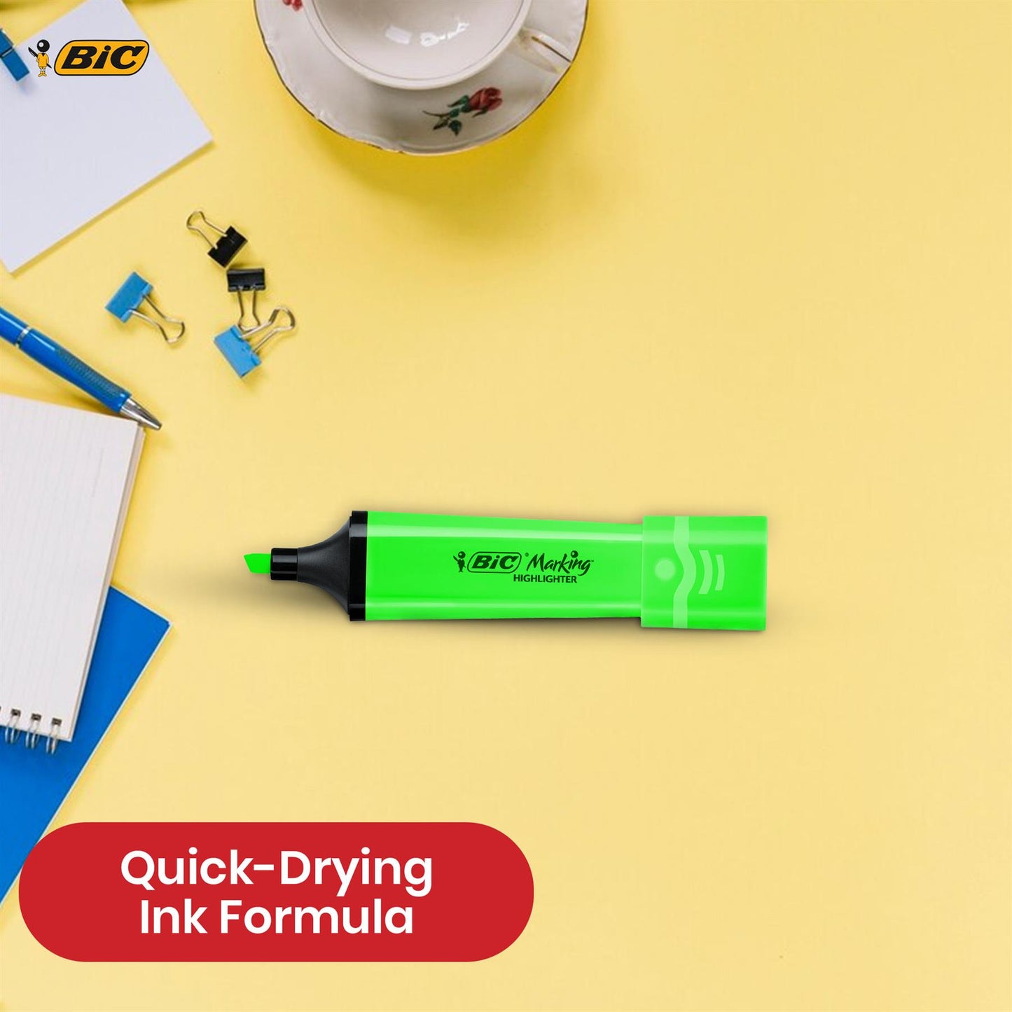 BIC 3x Marking Highlighter Flat Marker Neon Green Modular Tip for Precise Highlighting