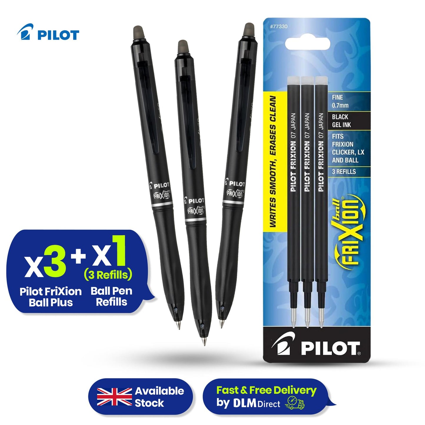 Pilot Frixion Ball Plus - Black - Pack of 3 + 1 Pack of 3 Refills