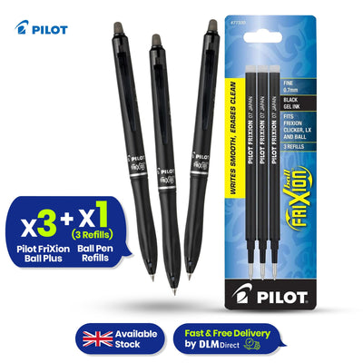 Pilot Frixion Ball Plus - Black - Pack of 3 + 1 Pack of 3 Refills