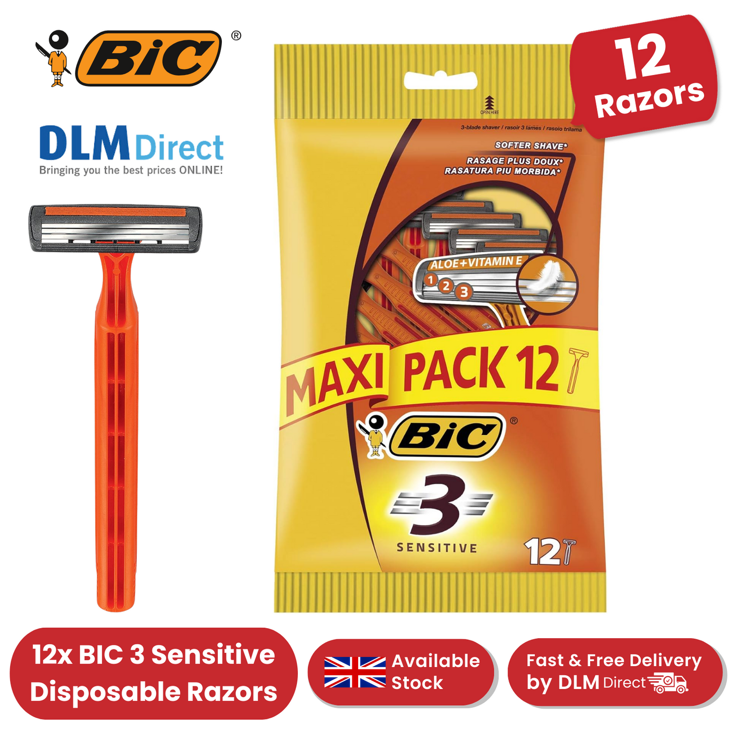 Bic 3 Sensitive Razors - 3 Packs (12 Razors)