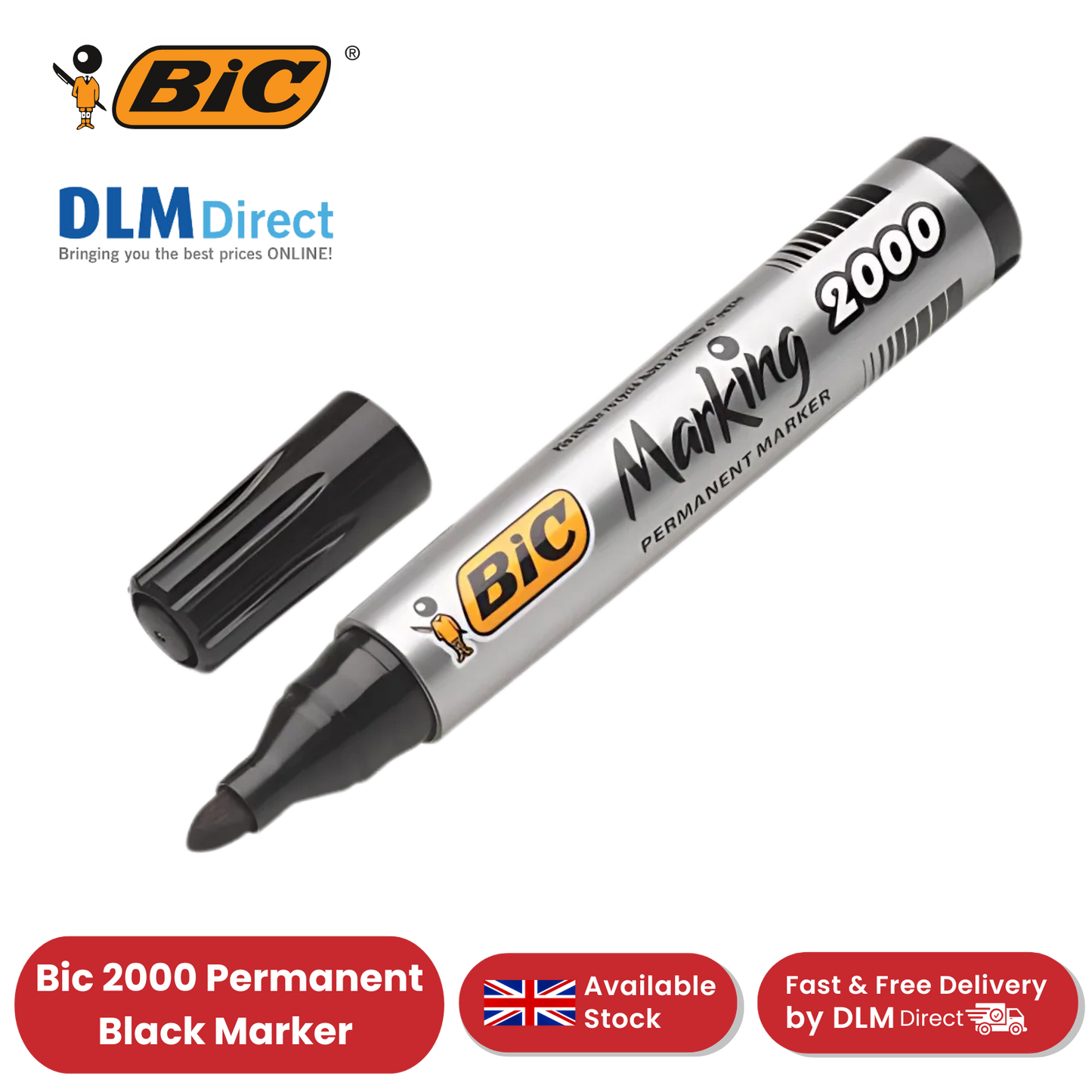 Bic 2000 Permanent Black Bullet Tip Marker 820915 - Single Pen Pack 2 to 36