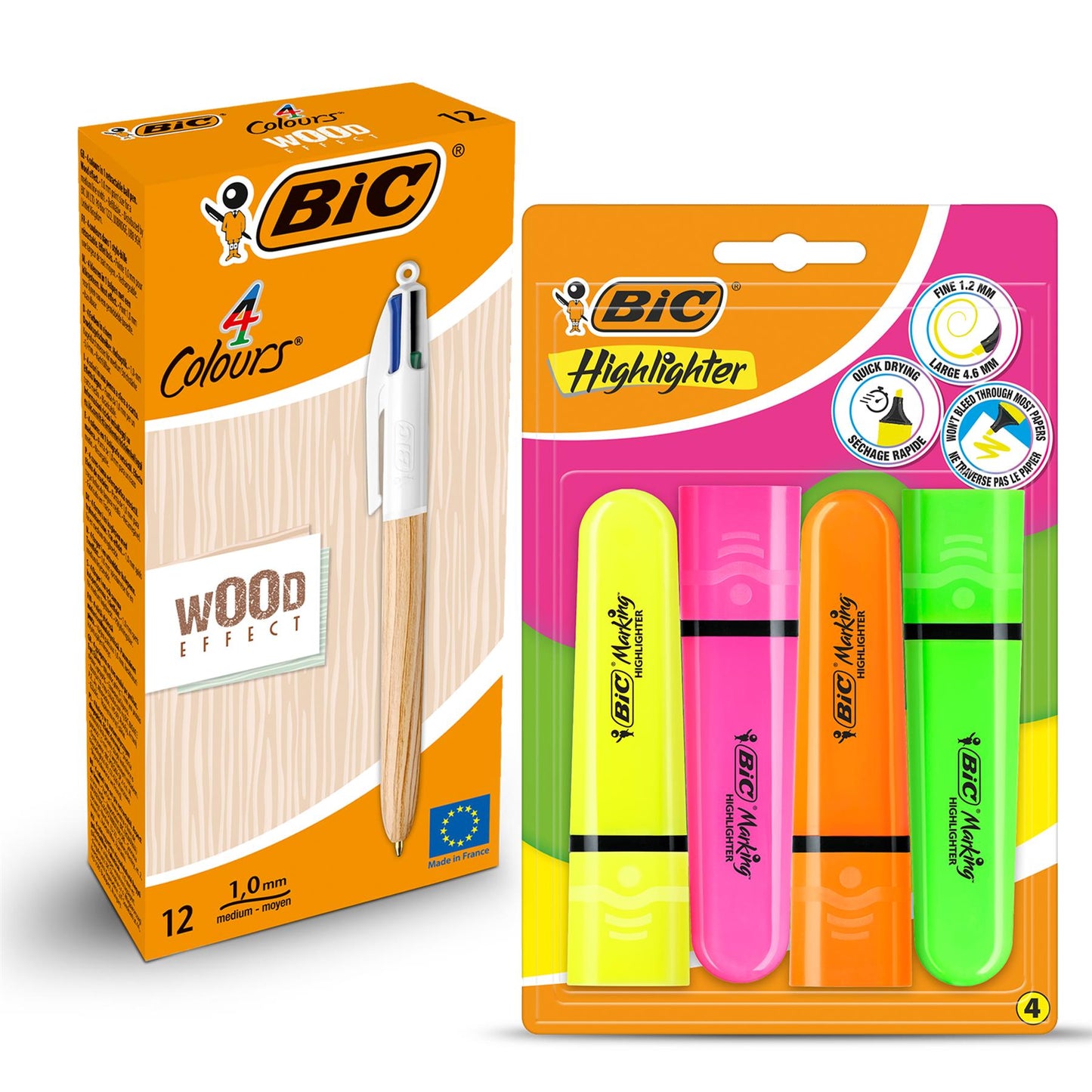 BIC Wood Effect Multi Colour Pens Pack of 12 and Pack of 4 Neon Highlighter Set