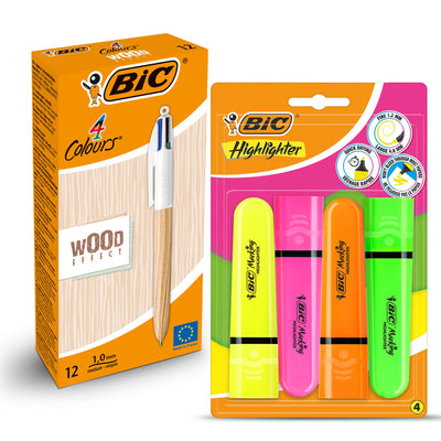 BIC Wood Effect Multi Colour Pens Pack of 12 and Pack of 4 Neon Highlighter Set