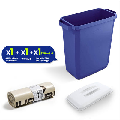 DURABIN 60L Blue Bin Set & White Lid and 25x 110L Recycled Bin Bags