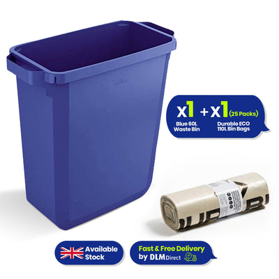 110L Bin Bags 25 Pack and 60L DURABIN Waste Bin Blue Bundle Strong Recycled Plastic Set