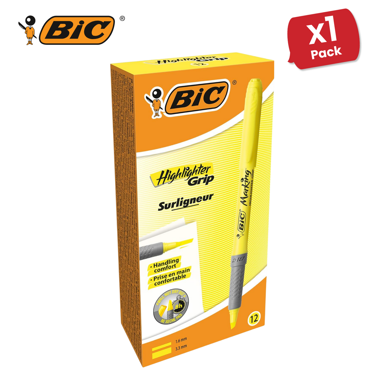 Bic Briteliner Grip Highlighter Pen Yellow - Pack of 12