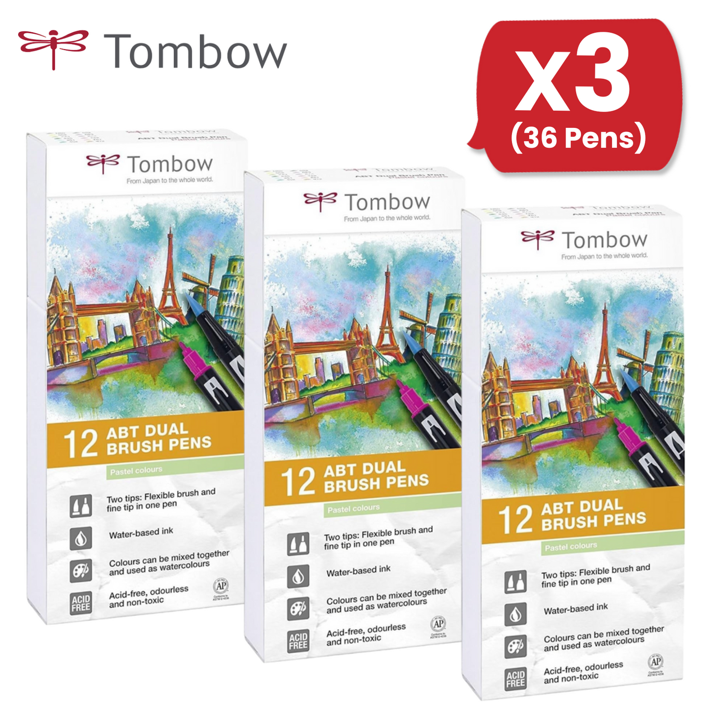 Tombow ABT Dual Brush Pens Pastel Colors Water-Based, Blendable - Pack of 12