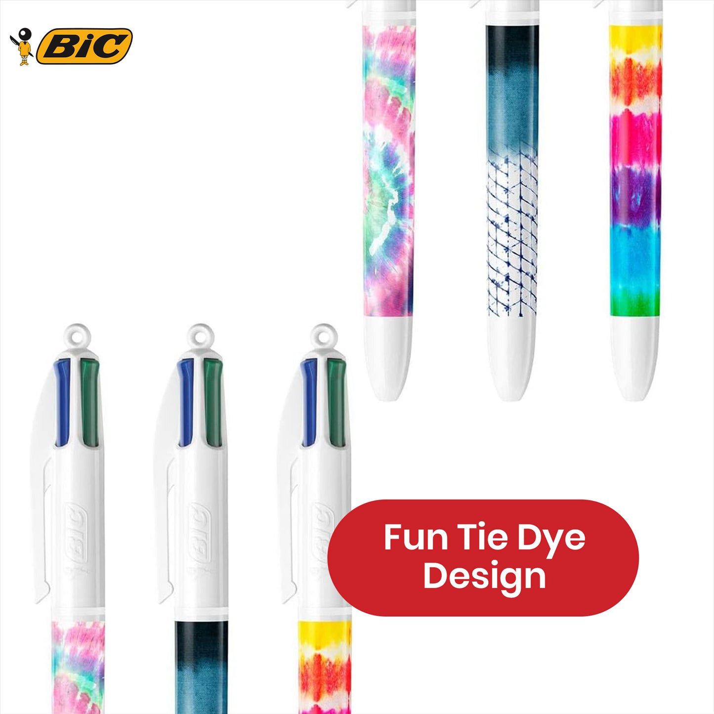 BIC 4 Colour Tie Dye Ballpoint Pens - Retractable Coloured Ballpoint Pens for Projects