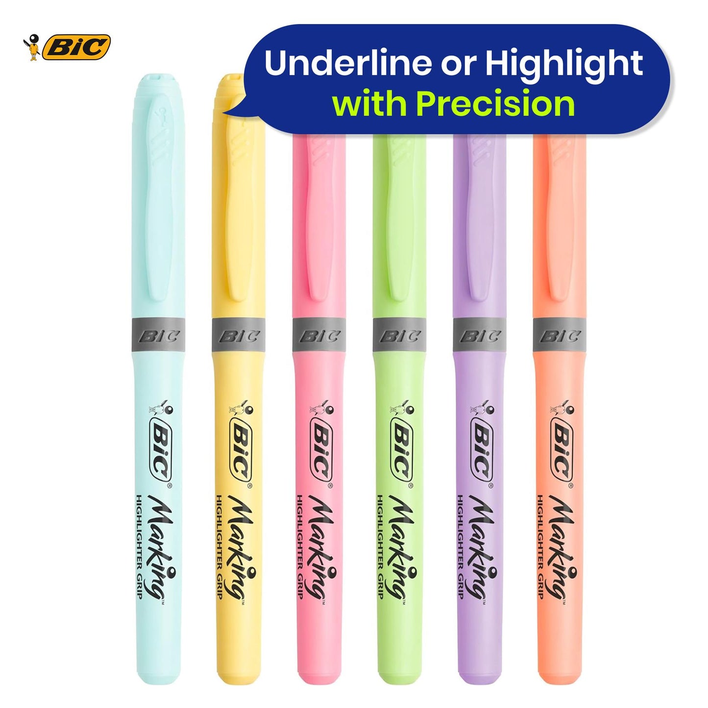BIC Highlighter Grip Pastel, Highlighter Pens with Adjustable Chisel Tip, Assorted Colours, Pack of 6