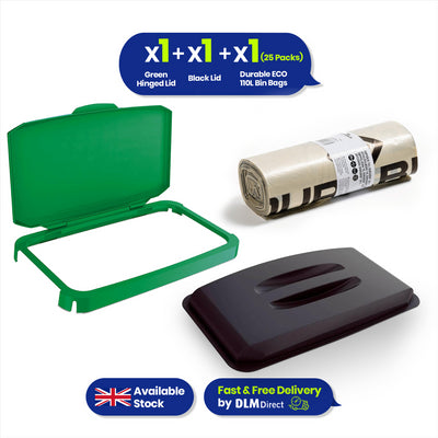 DURABIN 60L Bin Lid Green Hinged & Black Lids & 25x Recycled 110L Liners