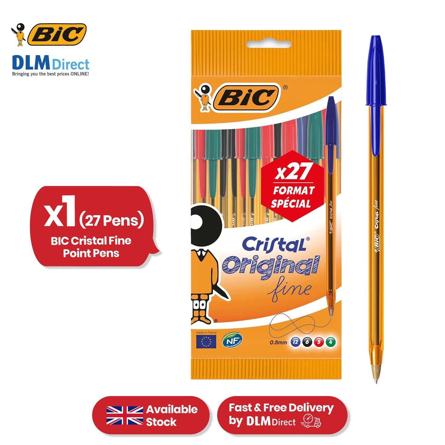BIC Cristal Fine Point Ballpoint Pens Assorted Colours Quick Dry 0.8mm Tip Pen (Pack of 27)