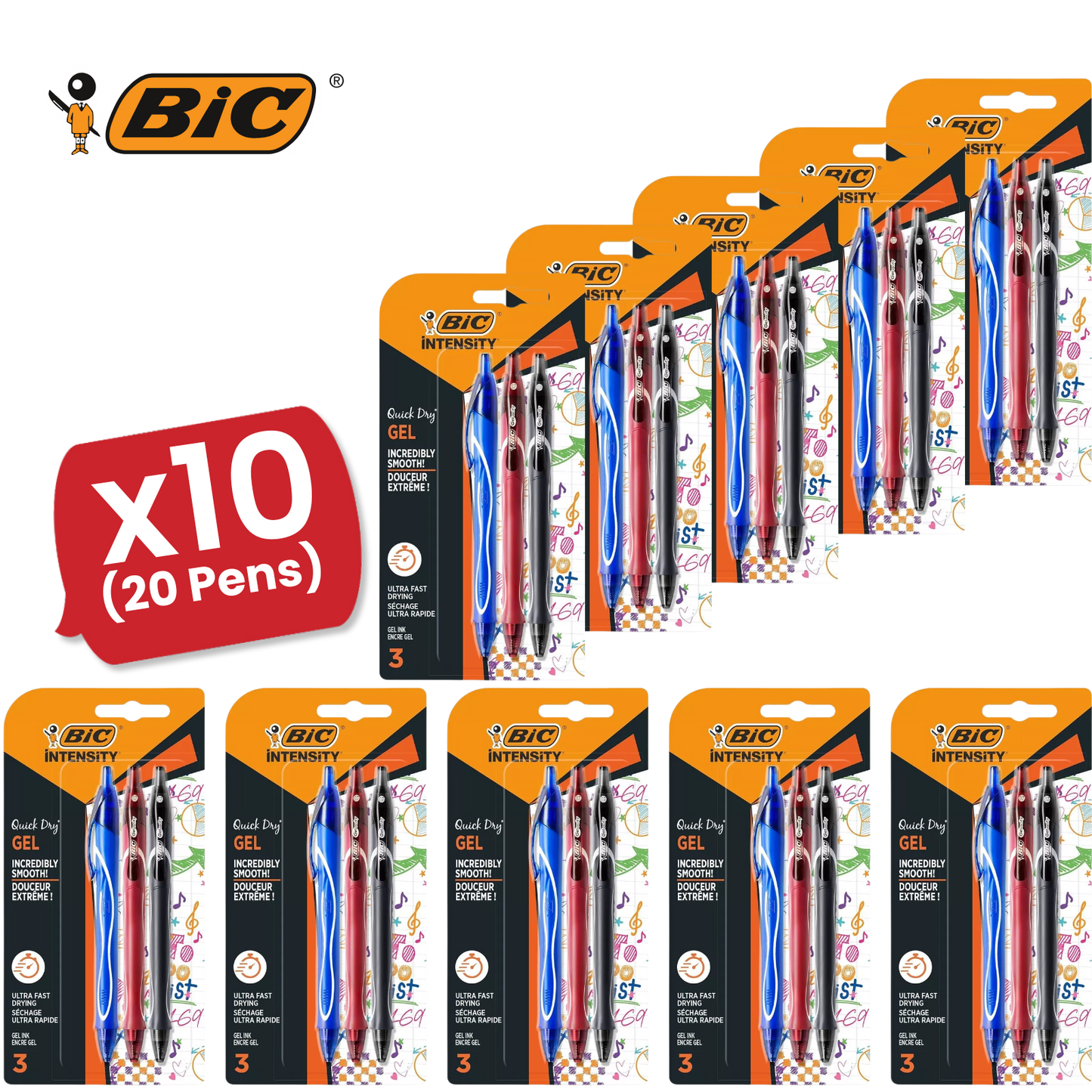 BIC Gel-ocity Quick Drying Gel Pen, Assorted Colours, 3 Pack