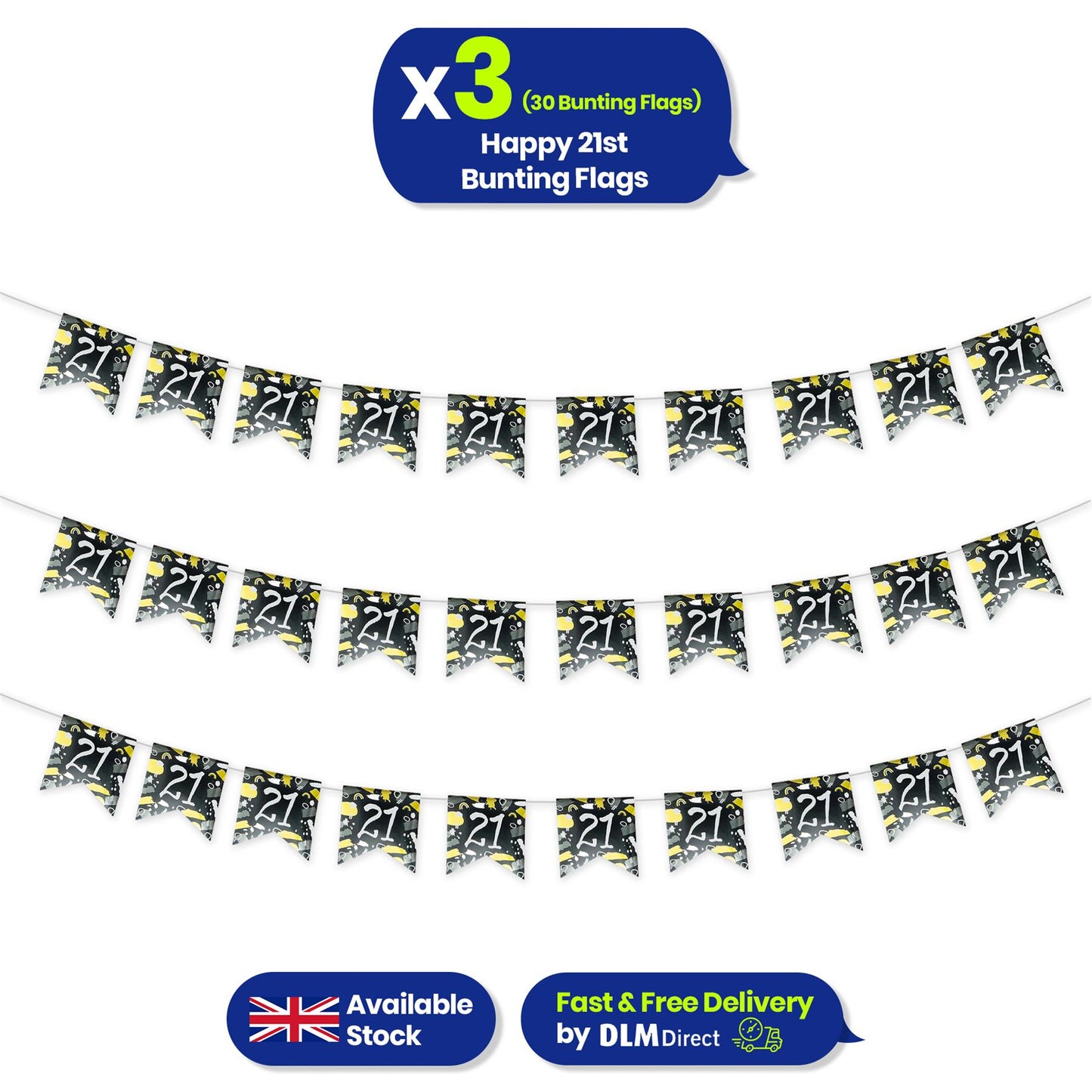 Happy 21st Birthday Black and White Bunting Hanging Party Decoration