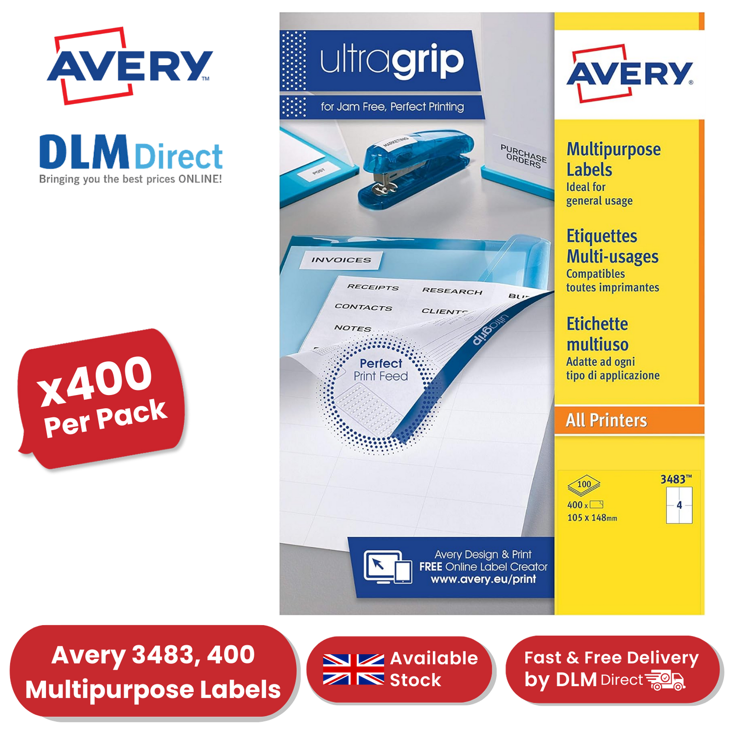 Avery 3483 Multipurpose Labels, 400 Per Pack 105 x 148 mm, Permanent - 1 to 5