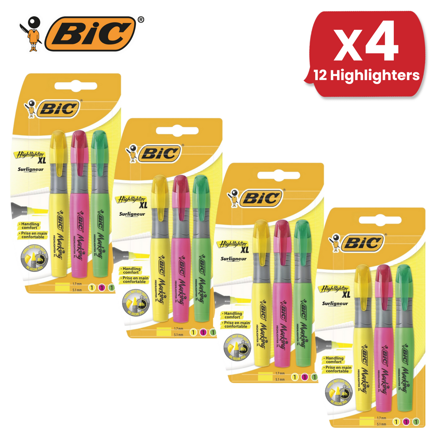 BIC Highlighters XL Assorted Fluorescent Colours 3 Pack
