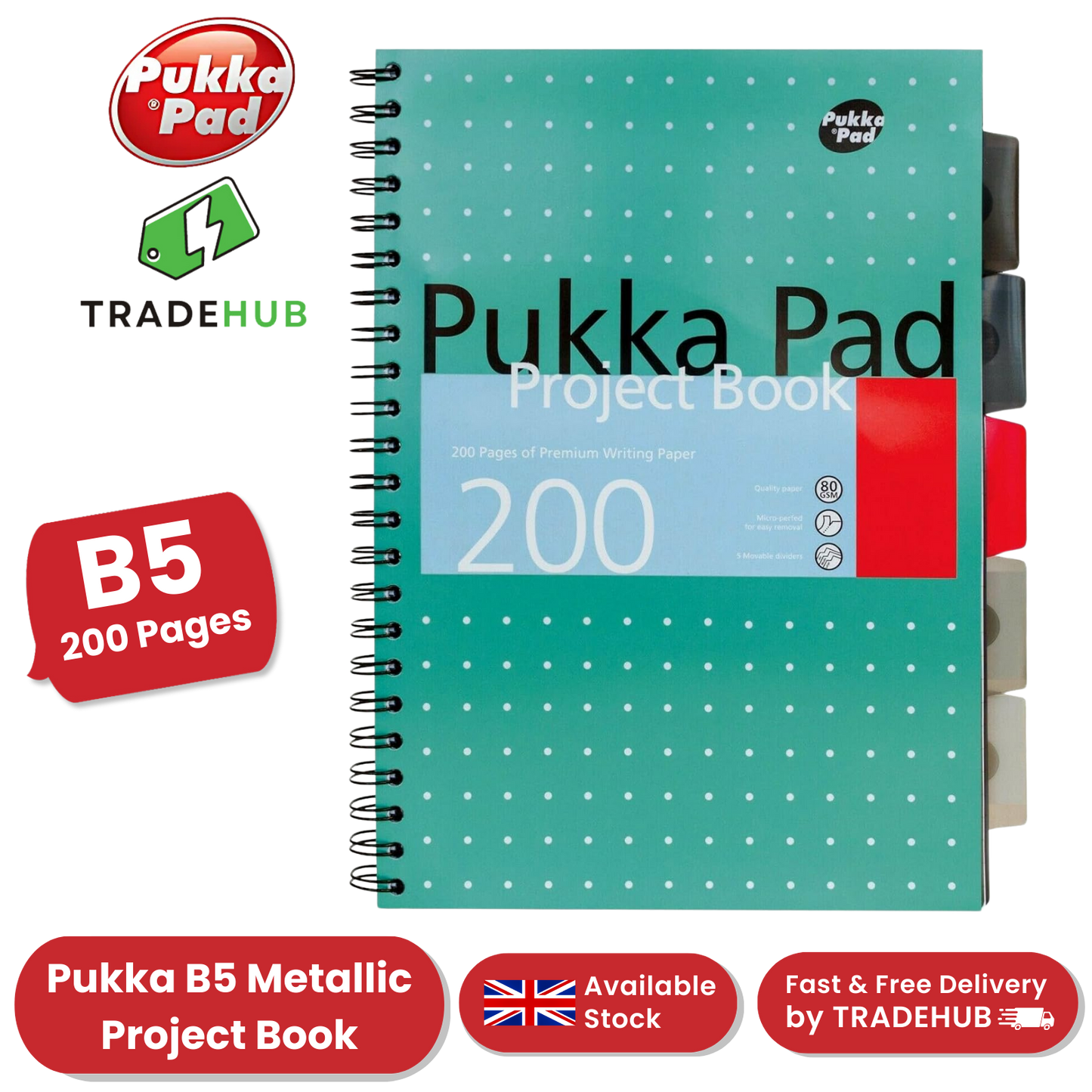 Pukka Pad White B5 Project Book 200 Pages Wirebound Project Book, Ruled/Margin