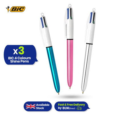 BIC 4 Colours Shine Ballpoint Pens Pack of 3 with Medium 1.0mm Tip and Multicolour Retractable Ink