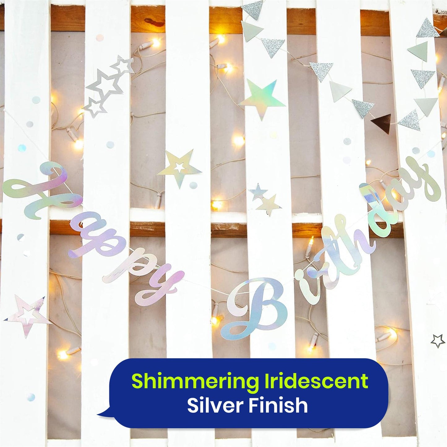 Party Banner � Happy Birthday Silver Iridescent Stitched Garland � 1.5 Metres