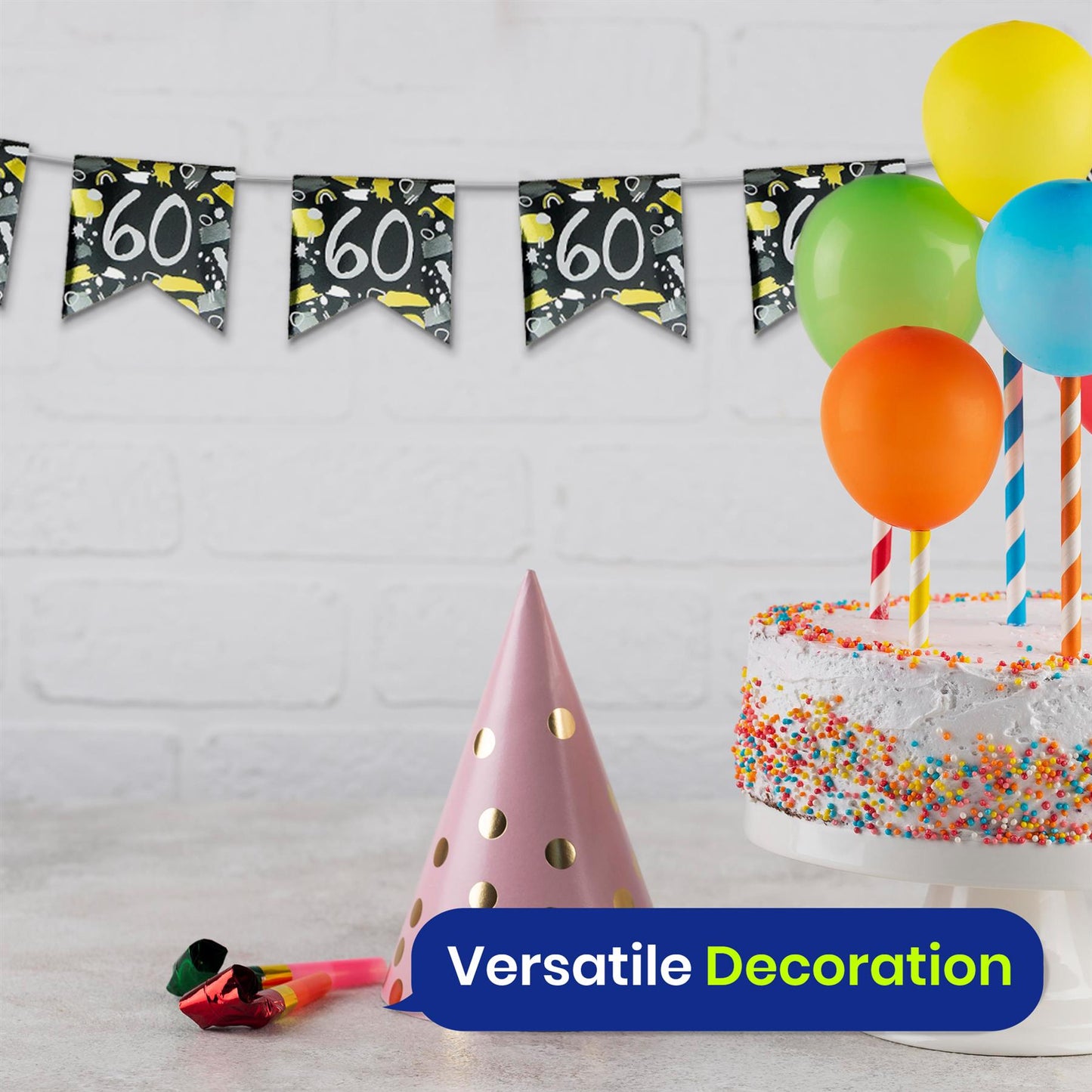 Happy 60th Birthday Black and White Bunting 4M Party Banner with 10 Flags Durable