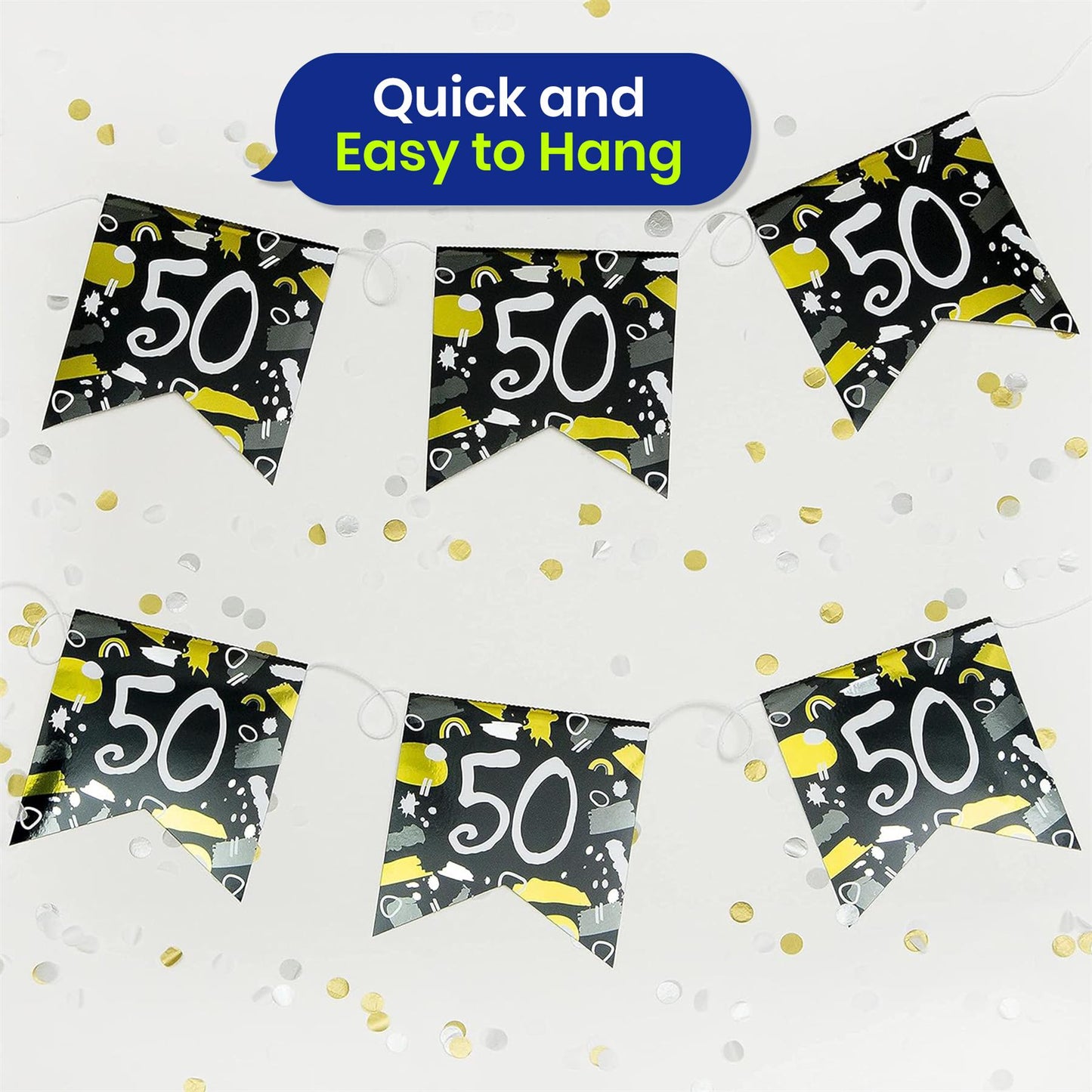 50th Birthday Decoration Set Silver Badge Black and White Banner and Bunting