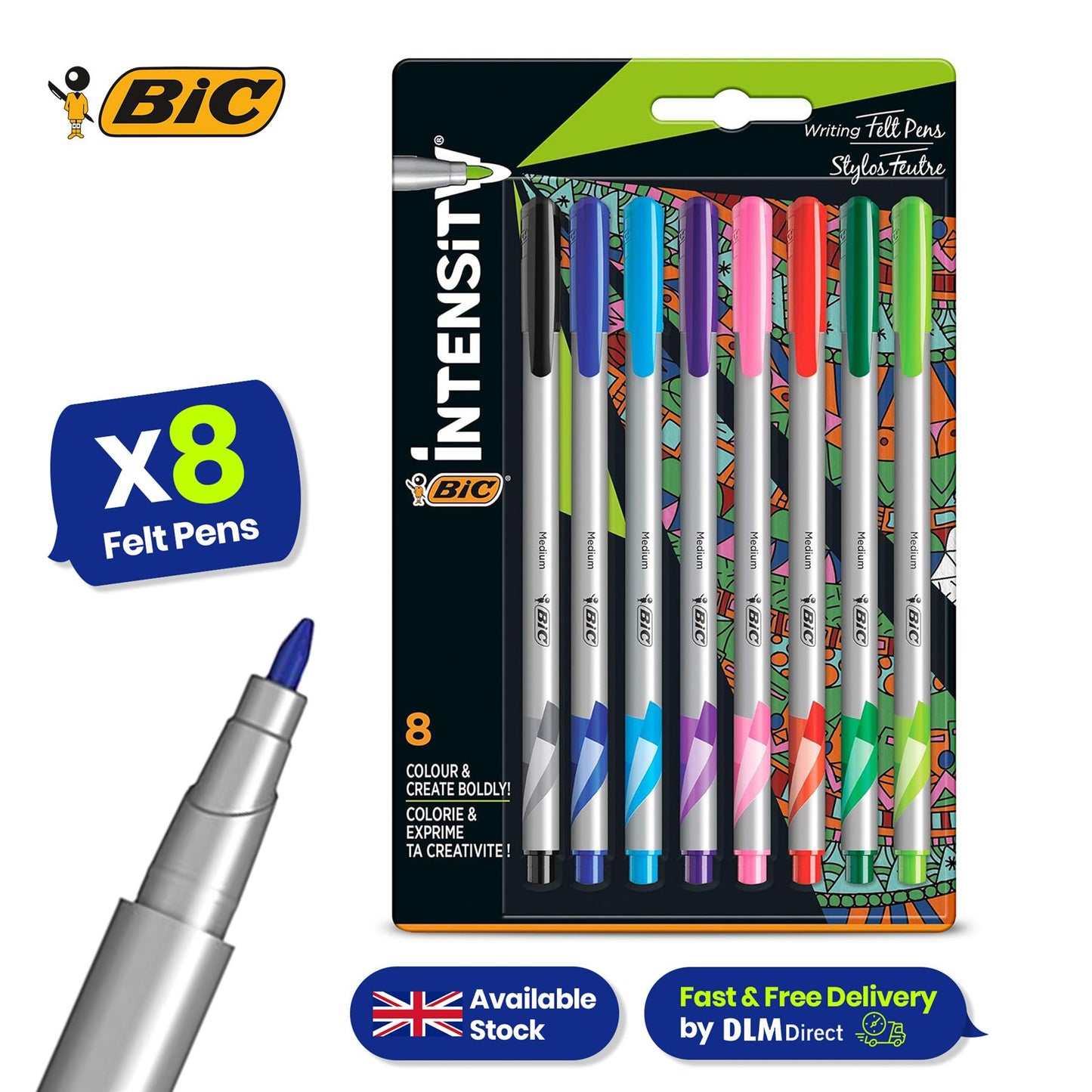 BIC Intensity Felt Tip Pens Medium Point Assorted Colours - Pack of 8