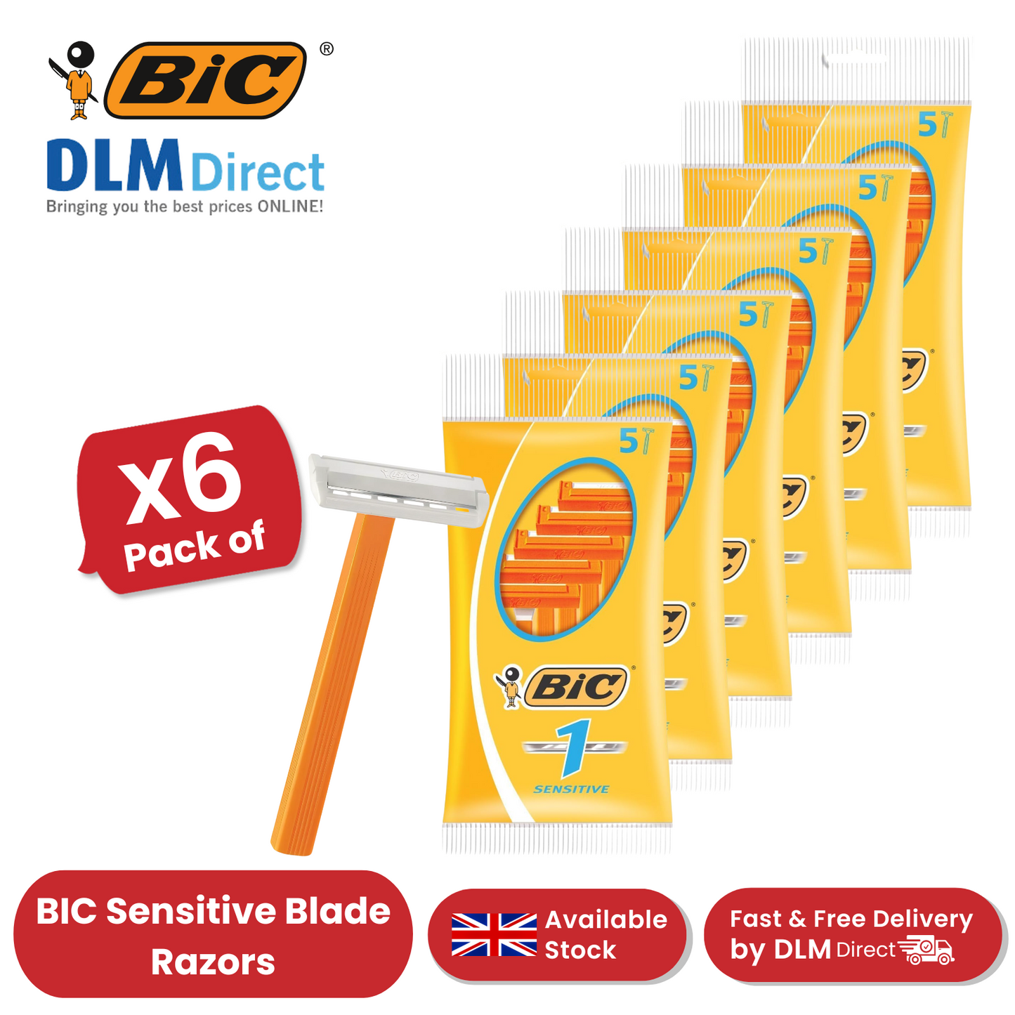 Bic 1  Single Blade Sensitive Razors 5's - Pack of 6