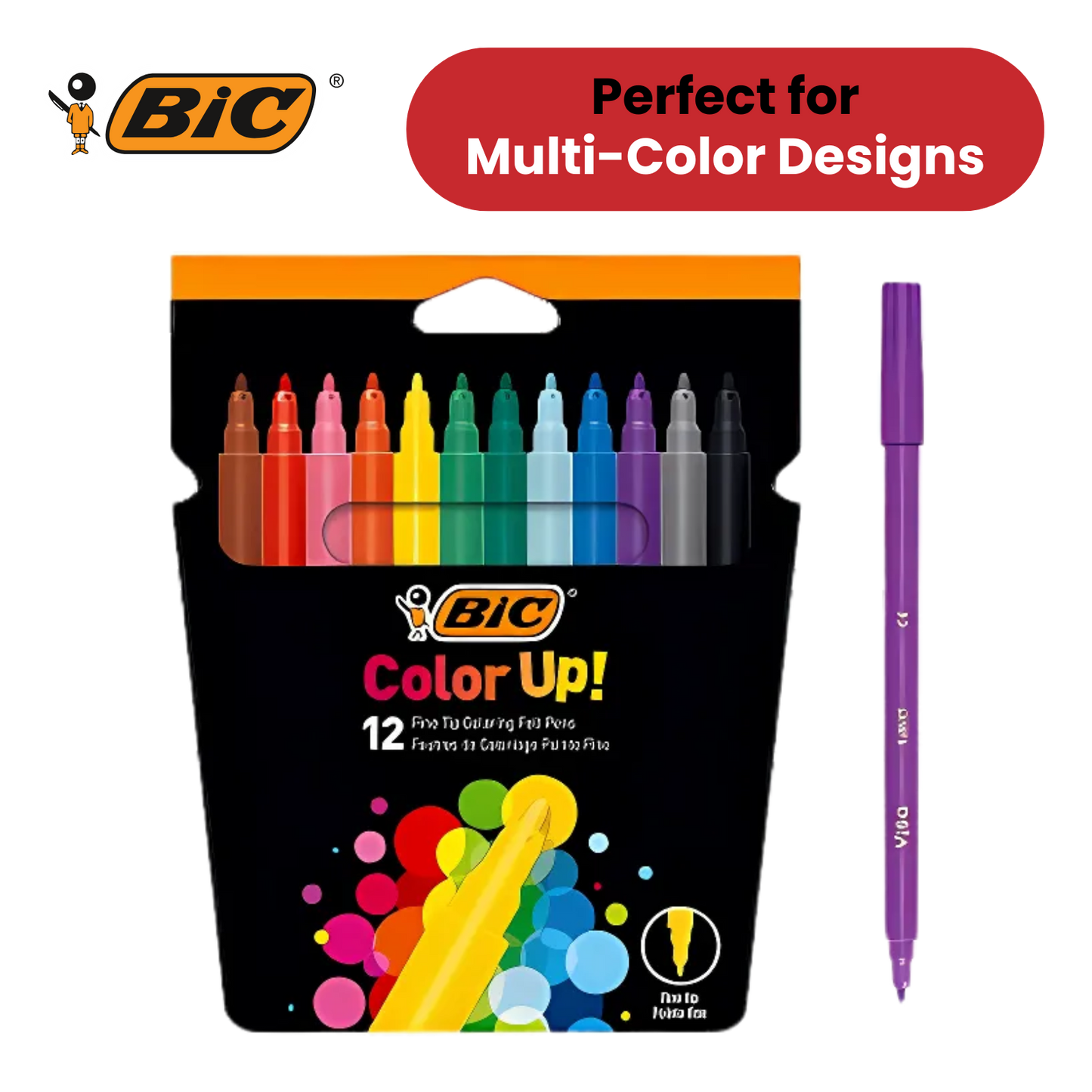 BIC Colour Up Colouring Felt Pens Assorted Colours - Pack of 12 - 1 to 5 Packs