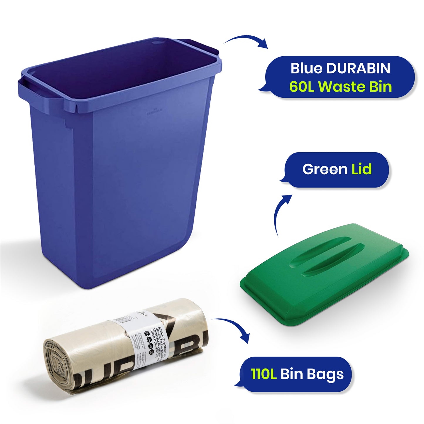 DURABIN 60L Blue Bin Set & Green Lid and 25x 110L Recycled Bin Bags
