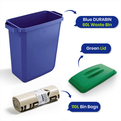 DURABIN 60L Blue Bin Set & Green Lid and 25x 110L Recycled Bin Bags