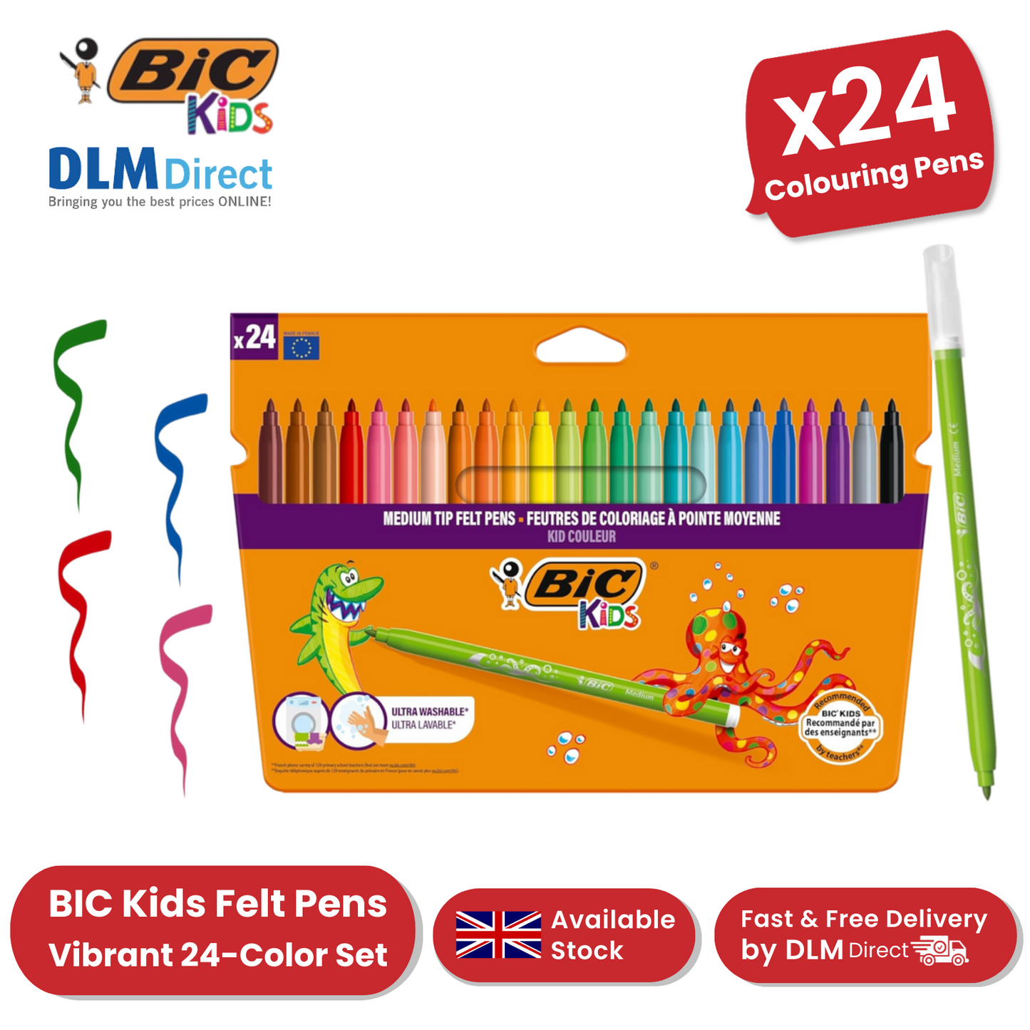 BIC Kids Felt Tip Pens with Medium Blocked Tip 24 Colours