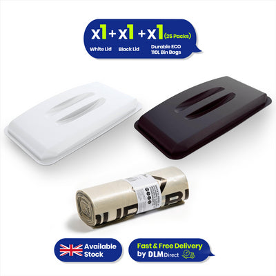Durable DURABIN 60 Lid White+ Durable DURABIN Lid Eco Black for 60 Litre Waste Bin+ Durable ECO 110L Bin Bags 100% Recycled