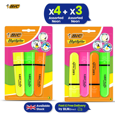 BIC Highlighters Assorted Neon Pack of 3 & 4 with Chisel Tip for Study and Office