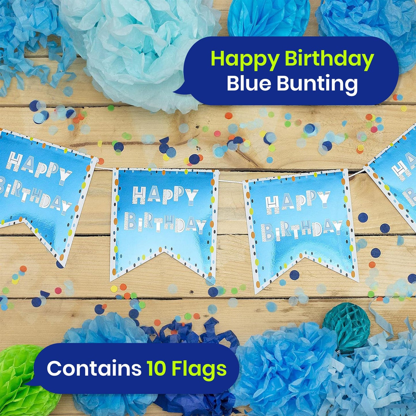 Happy Birthday Blue Bunting Reusable Party Decor 4m with 10 Flags