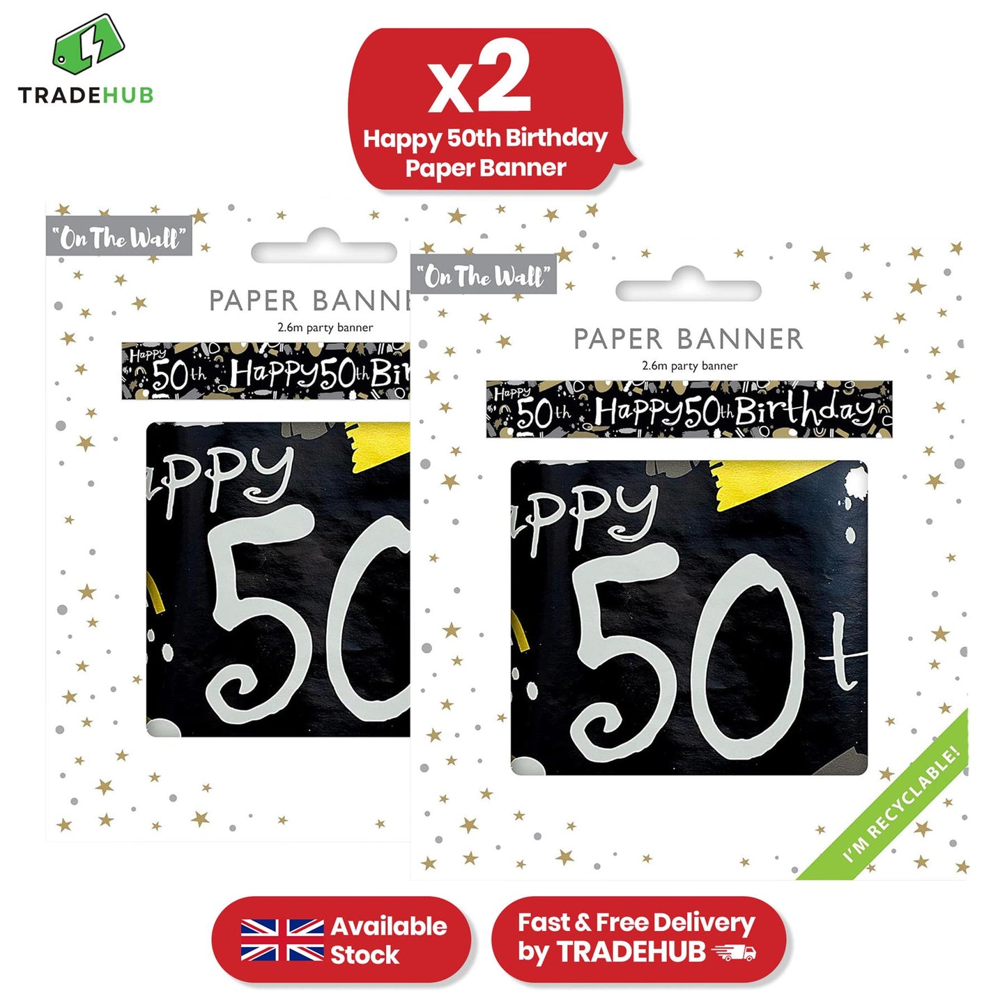 Happy 50th Birthday Black and White Recyclable Banner - 2.6m