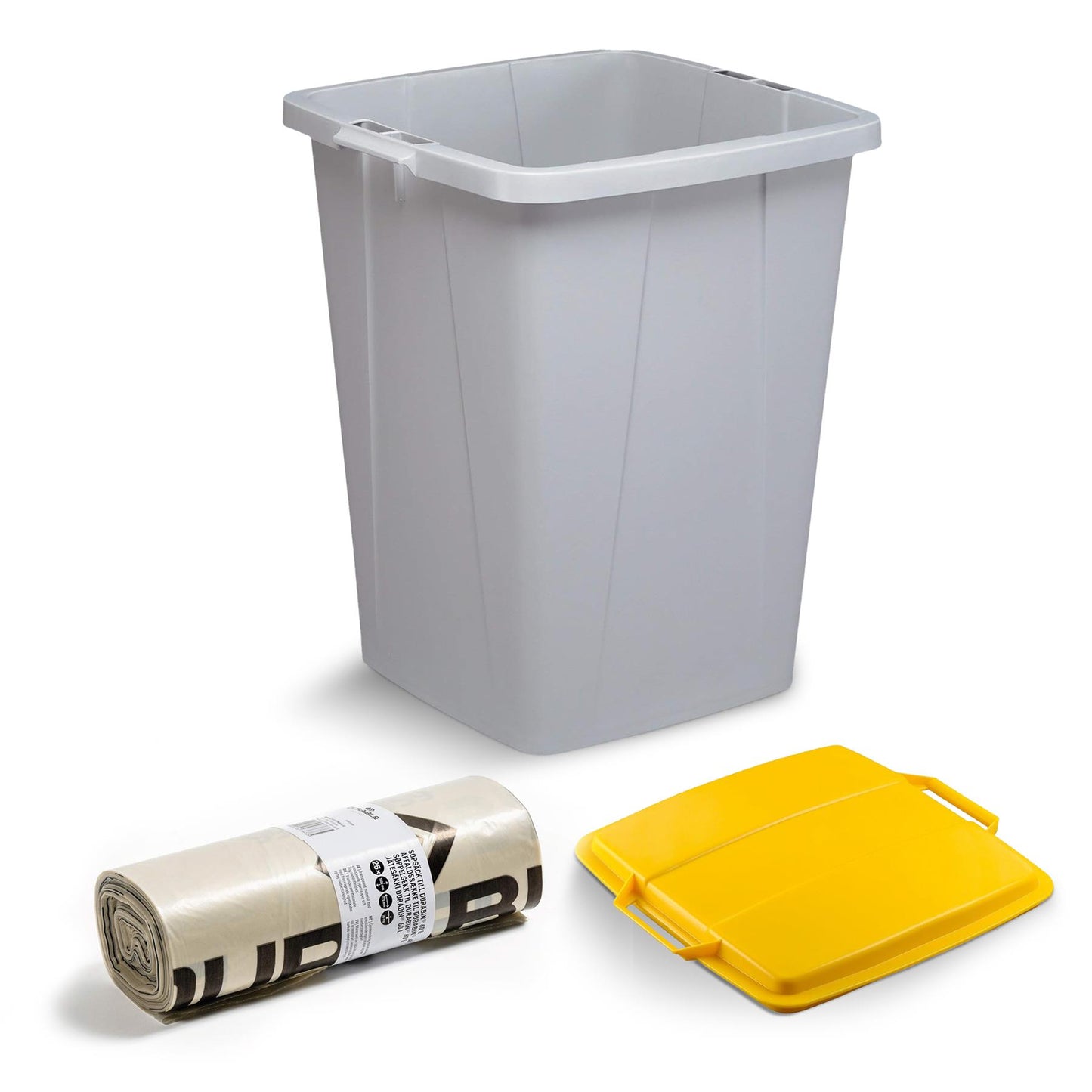"DURABIN 90L Grey Bin with Yellow Lid and 25x 110L Recycled Bin Bags for Everyday Use