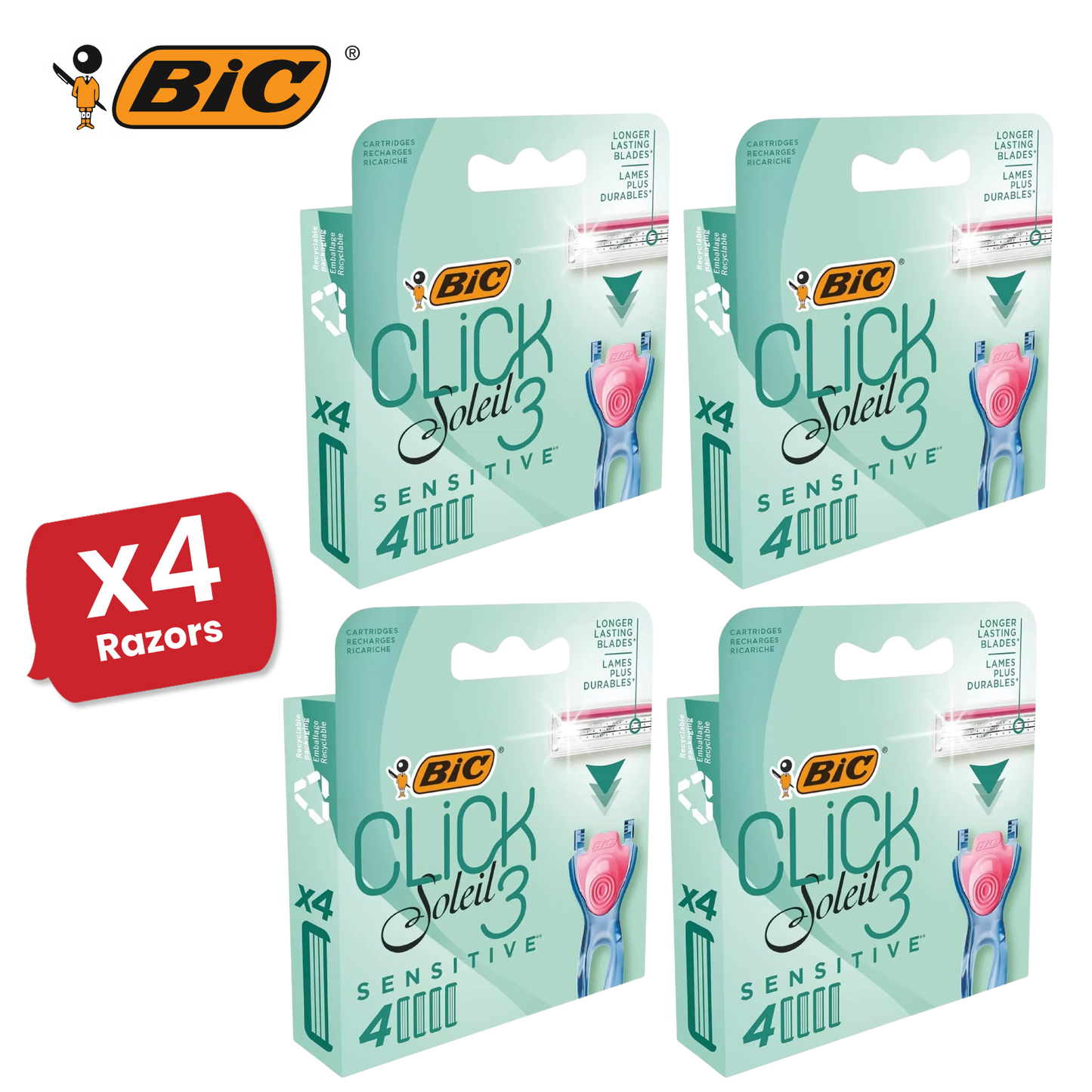 BIC Click 3 Soleil Sensitive Women's Razor Refills - 1 Box of 4 Blades