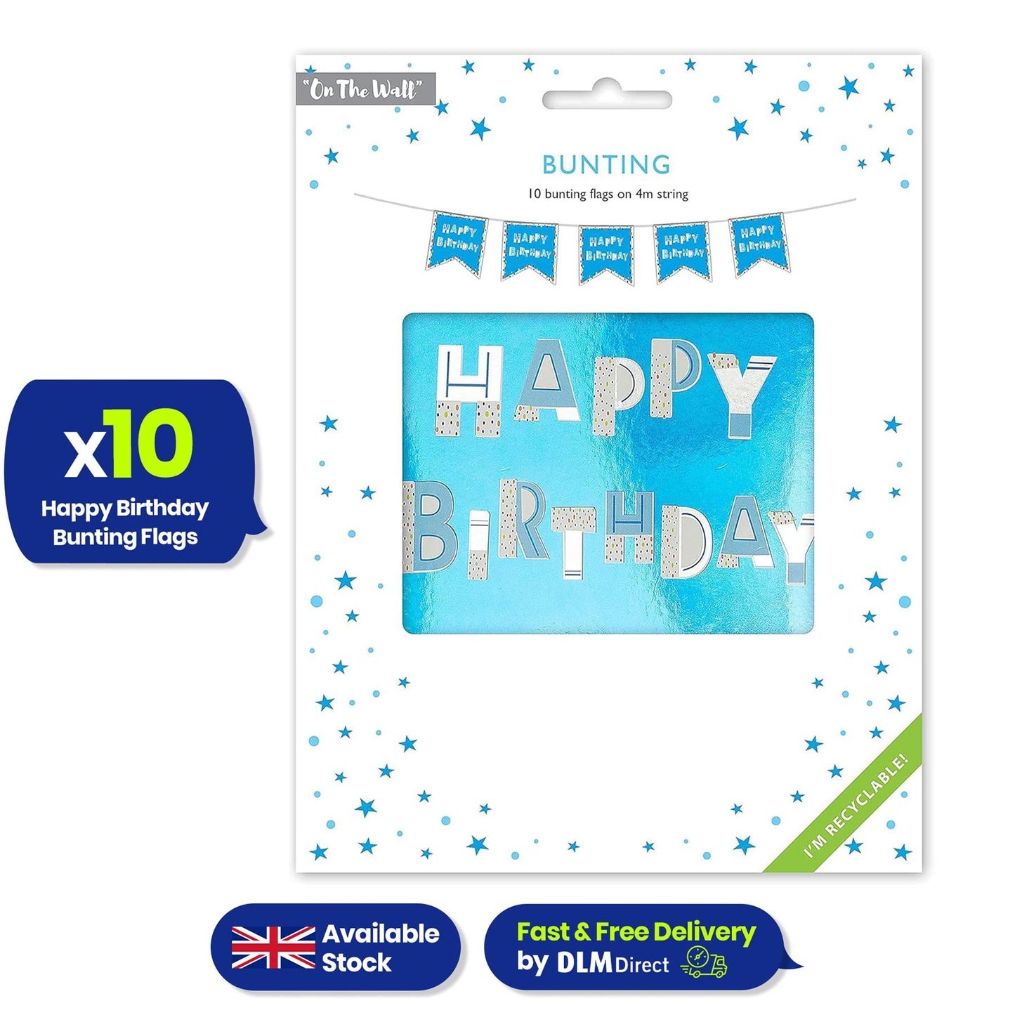 Happy Birthday Blue Bunting Reusable Party Decor 4m with 10 Flags
