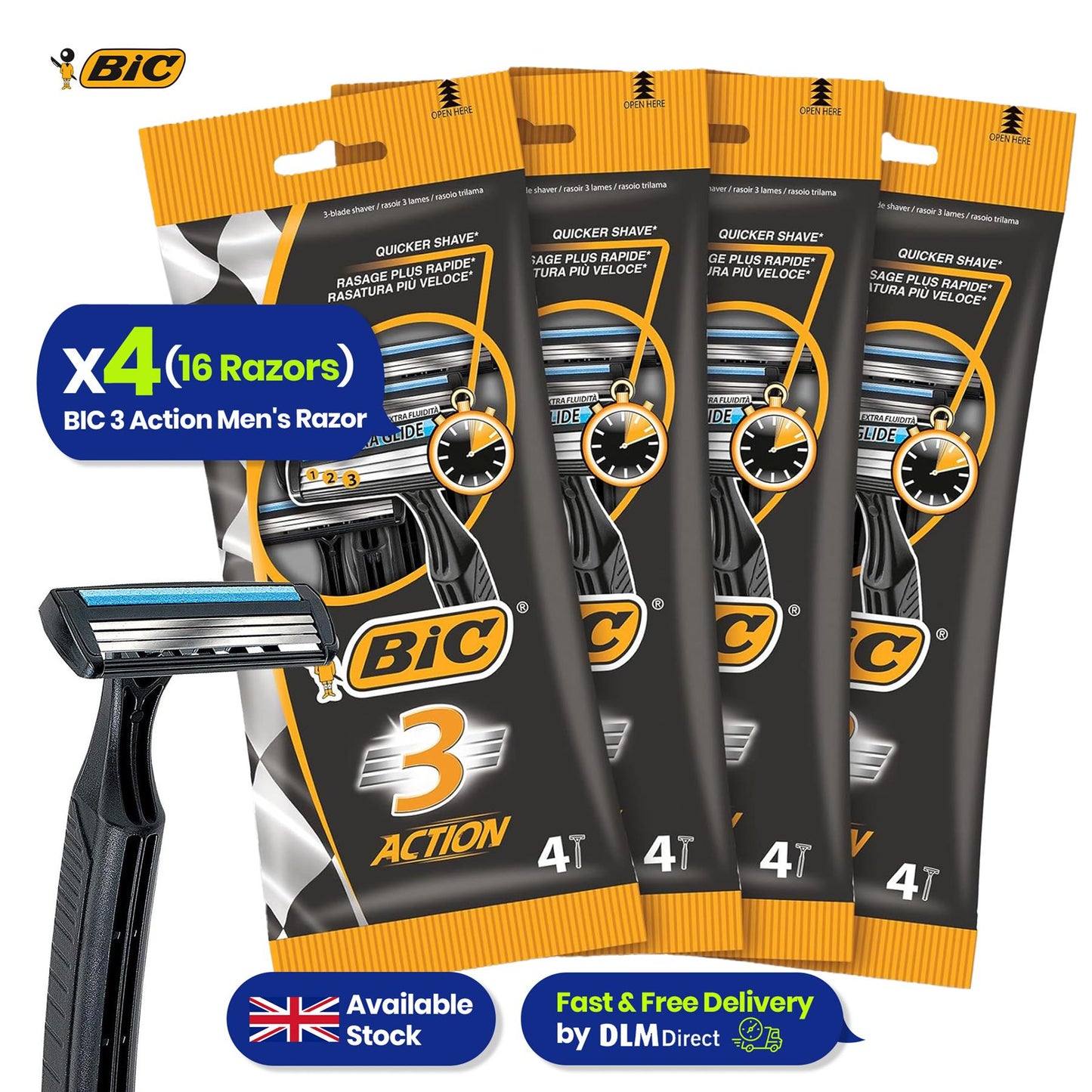 BIC 3 Action Mens Razor 16 Pack for Home or Travel Use