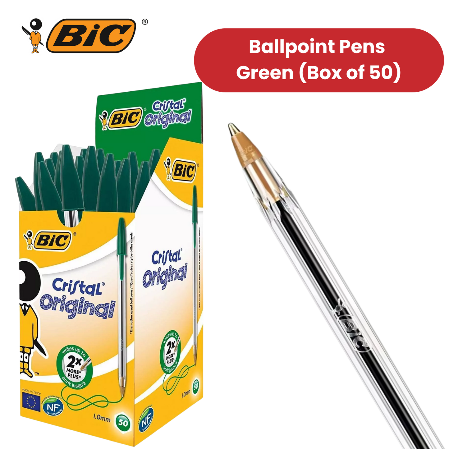 BIC CRISTAL MEDIUM BALL POINT PEN GREEN - BOX OF 50 - 1 to 5 Packs