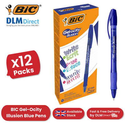 BIC Gel-Ocity Illusion 0.7mm Erasable Gel Pens Blue - Pack of 12 Refillable