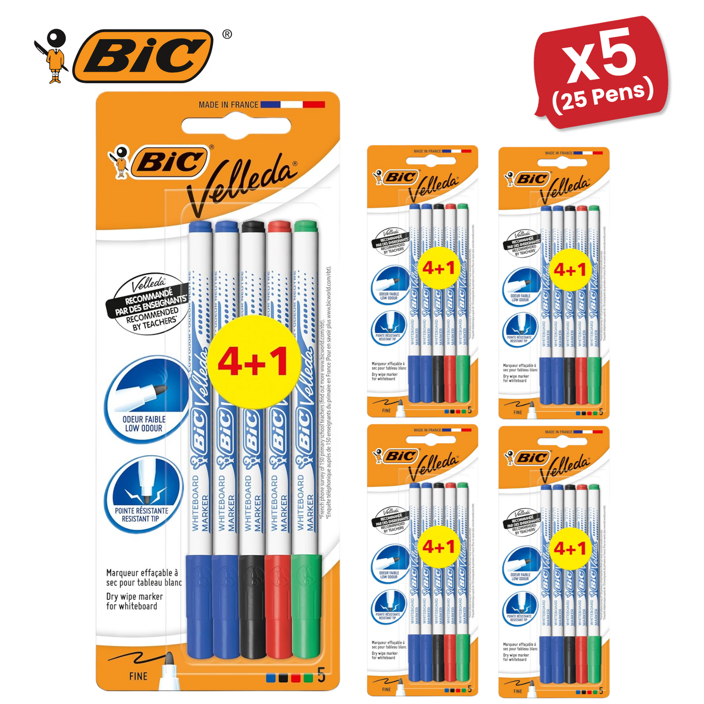 BIC Velleda 1721 Whiteboard Markers – 4+1 Pack, Assorted Colours, Smooth Writing