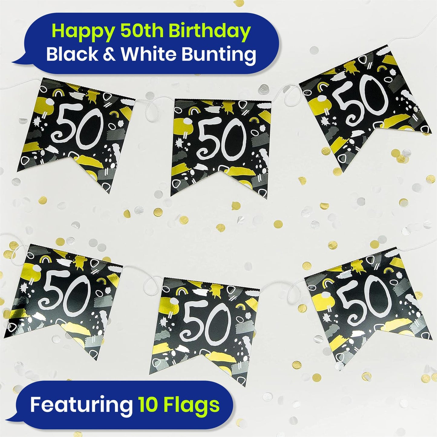 Happy 50th Birthday Black and White Bunting 4M Party Banner with 10 Flags Durable