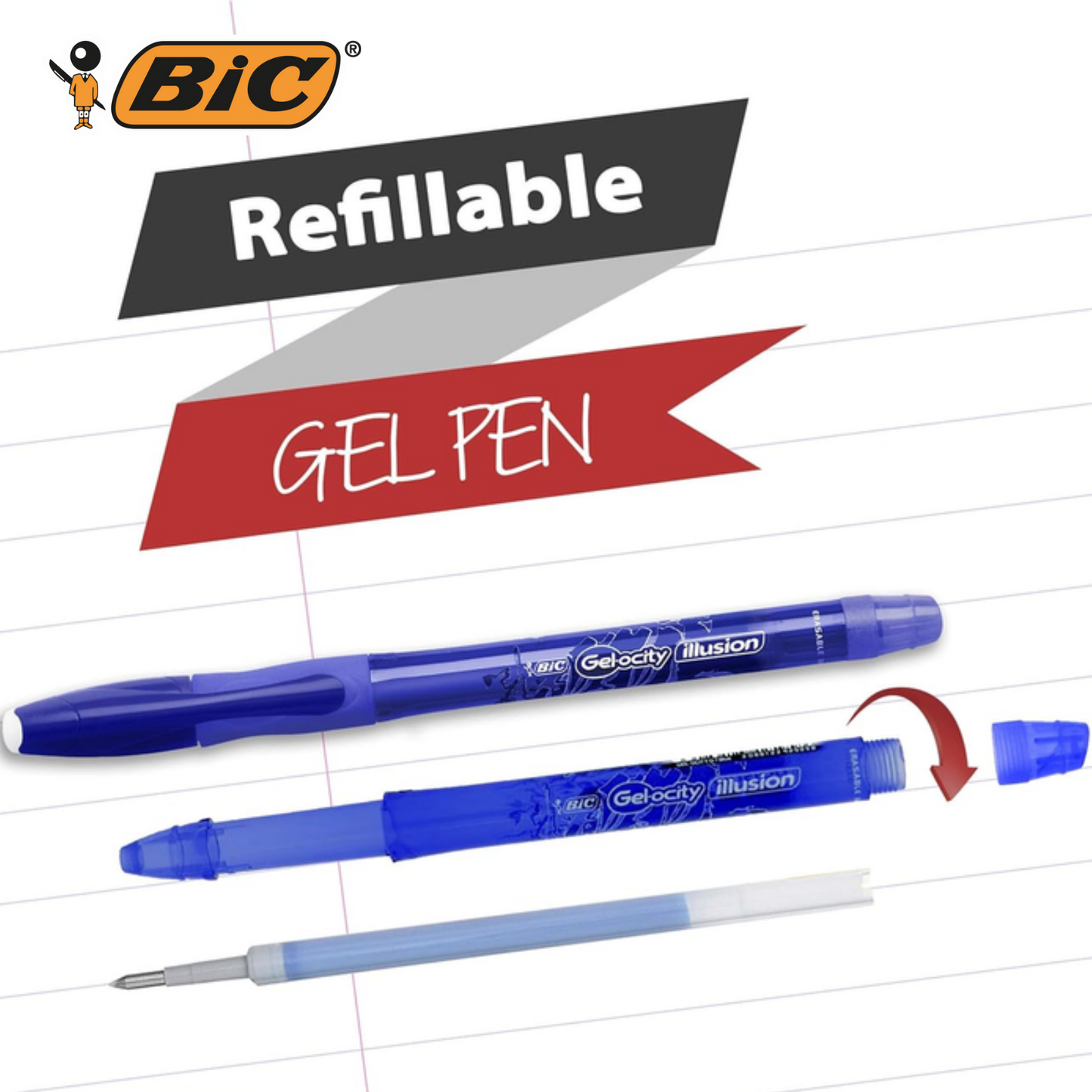 BIC Gel-Ocity Illusion 0.7mm Erasable Gel Pens Black - Pack of 12 Refillable