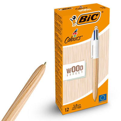 BIC 4-Colour Wood Effect Pens Pack of 12 Retractable Medium Point for Office School Home
